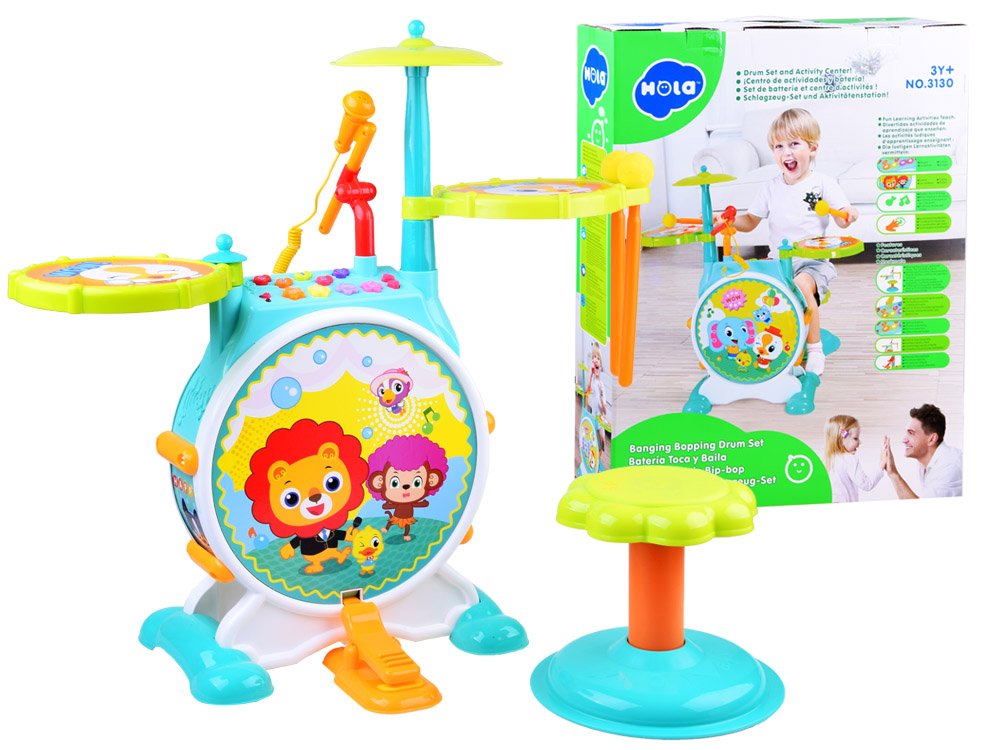 HOLA Toys Detské bicie interaktívne so zvukom a svetlom + stolička