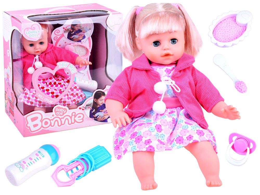 JOKO Interaktívna bábika 36cm, hovorí + fľaša na batérie + cumeľ, sukňa s kvietkami