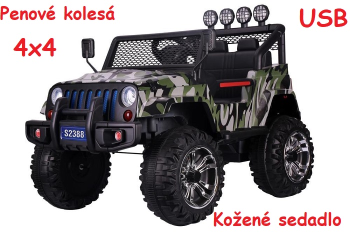 JOKO Elektrické autičko Jeep Raptor 4x4, penové kolesá, USB, FM rádio, kožené sedadlo, maskáčové