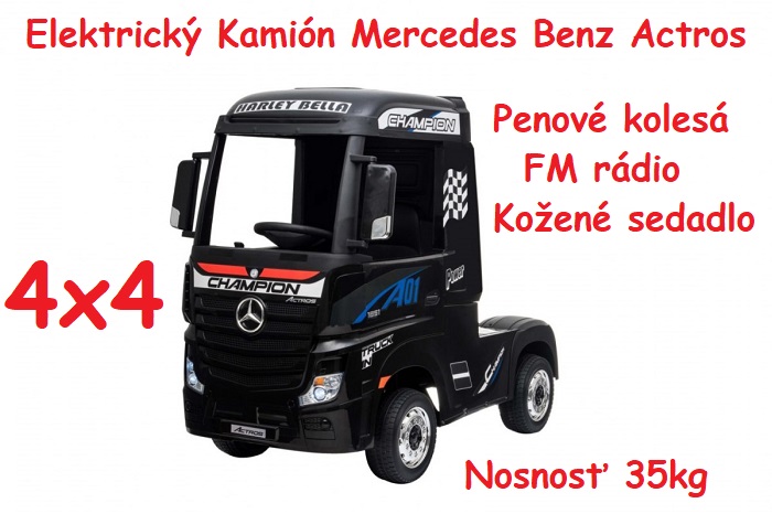 JOKO Elektrické autíčko, Elektrický Kamión Mercedes Benz Actros 4x45W, penové kolesá, kožené sedadlo, odpružené, FM rádio, čierne