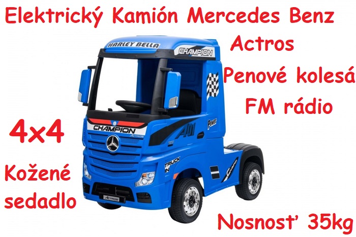 JOKO Elektrické autíčko, Elektrický Kamión Mercedes Benz Actros 4x45W, penové kolesá, kožené sedadlo, odpružené, FM rádio, modré