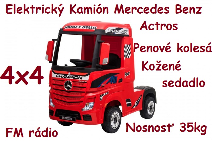 JOKO Elektrické autíčko, Elektrický Kamión Mercedes Benz Actros 4x45W, penové kolesá, kožené sedadlo, odpružené, FM rádio, červené