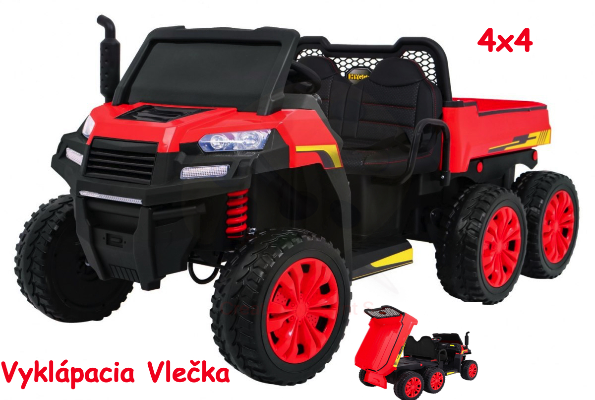 JOKO Elektrické autíčko 4x4 Farmer s Vyklápacou vlečkou, DVOJMIESTNE kožené sedadlo, penové kolesá, 6 kolesové, nosnosť 60kg, červené