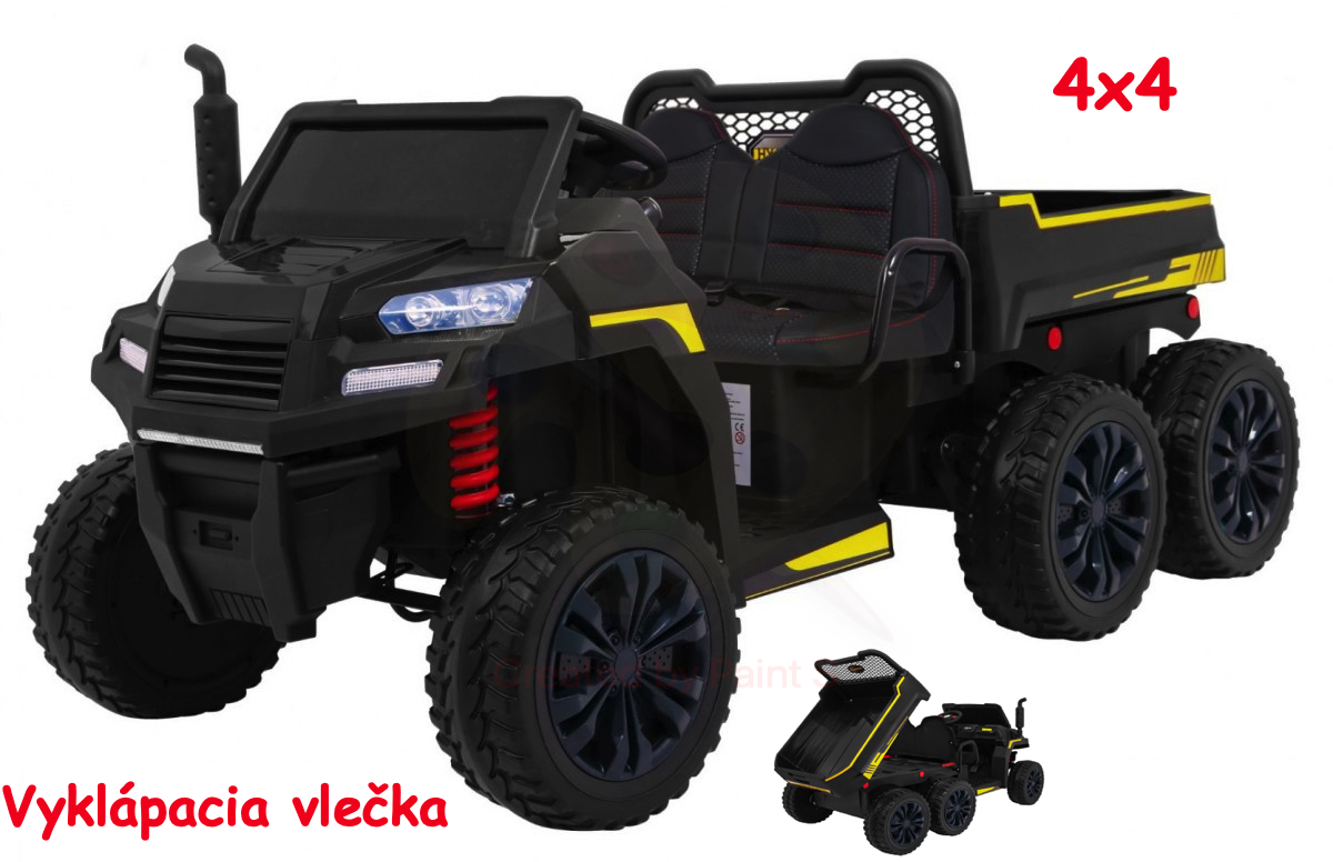 JOKO Elektrické autíčko 4x4 Farmer Truck s Vyklápacou vlečkou, DVOJMIESTNE kožené sedadlo, penové kolesá, 6 kolesové, nosnosť 60kg, čierne