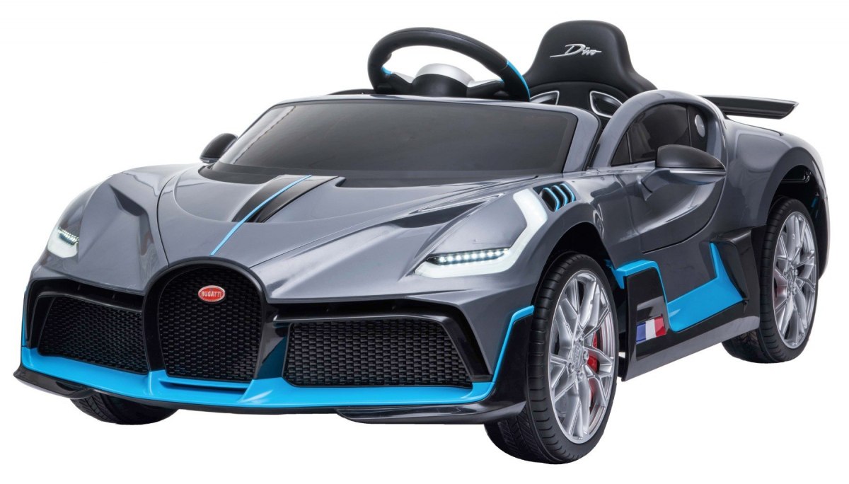 JOKO Elektrické autíčko Bugatti Divo, penové kolesá, odpružené, kožené sedadlo, USB, sivé-šedé