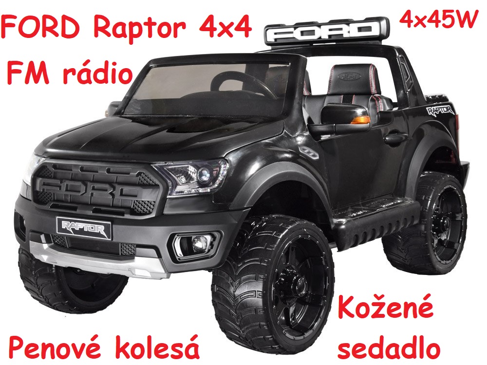 JOKO Elektrické autíčko FORD Ranger Raptor 4x4, Penové kolesá, kožené sedadlo, FM rádio, čierne