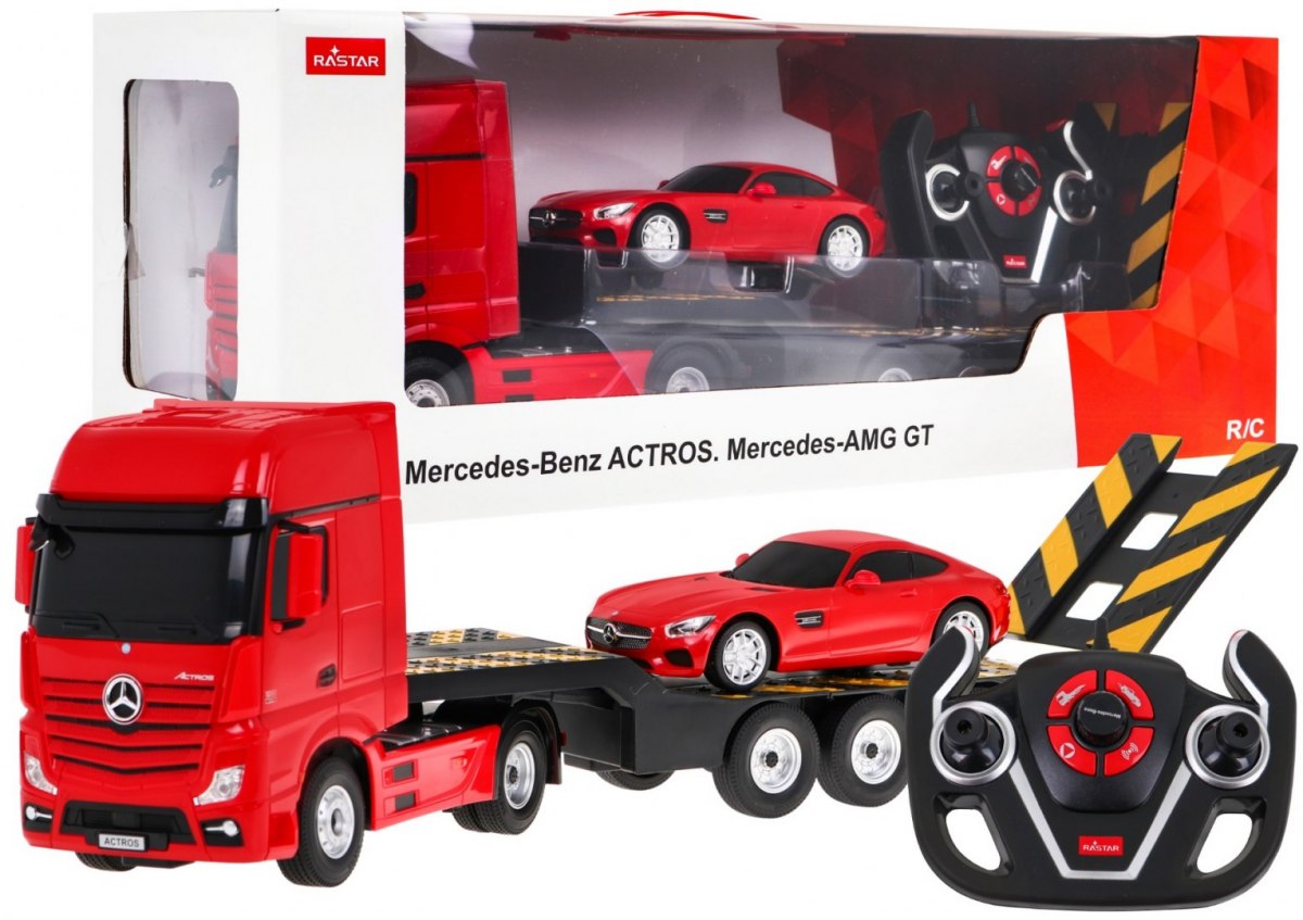 Rastar RC Ťahač Kamión Mercedes Benz Actros 1:26 + RC Auto Mercedes Benz AMG GT 1:24, na diaľkové ovládanie, červený