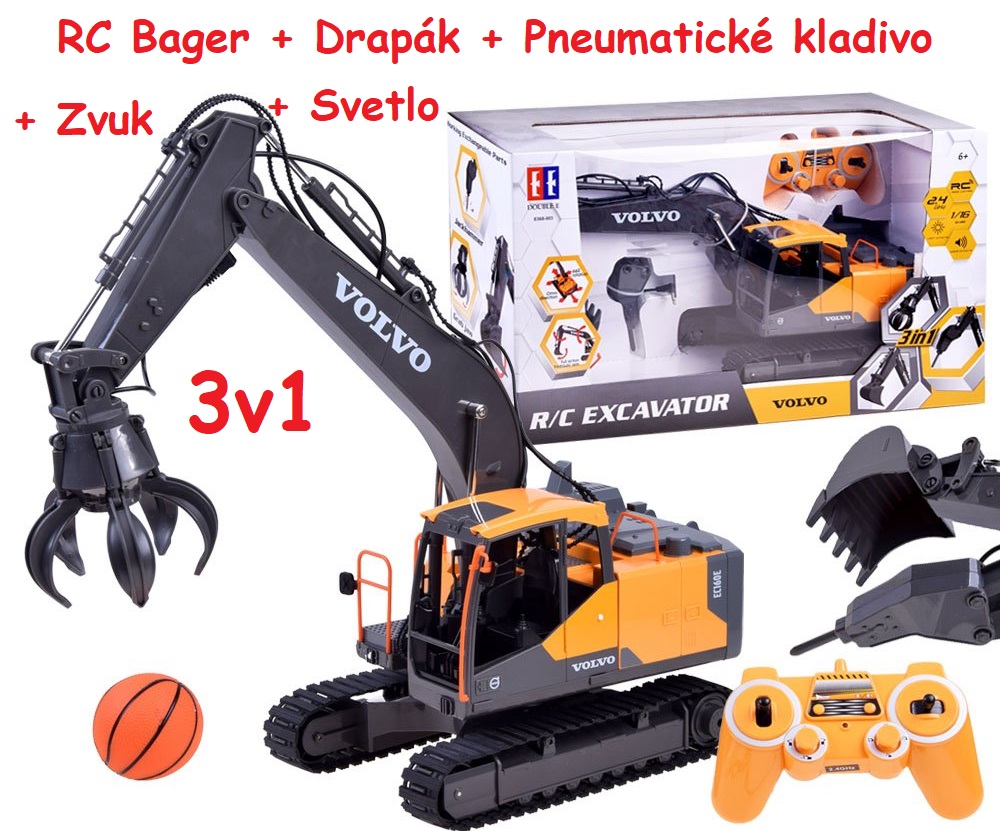 JOKO RC Bager Volvo s vymeniteľnými hrotmi 3v1, pneumatické kladivo, bager s drapákom + lopta + svetlo + zvuk