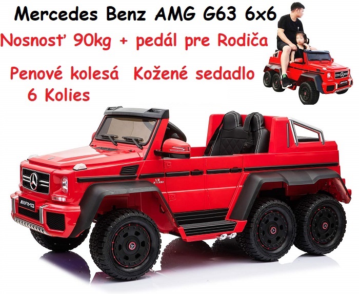 JOKO Elektrické autíčko Mercedes Benz AMG G63 6x6, nosnosť 110kg, pedál pre rodiča, penové kolesá, MP3, kožené sedadlo, červené