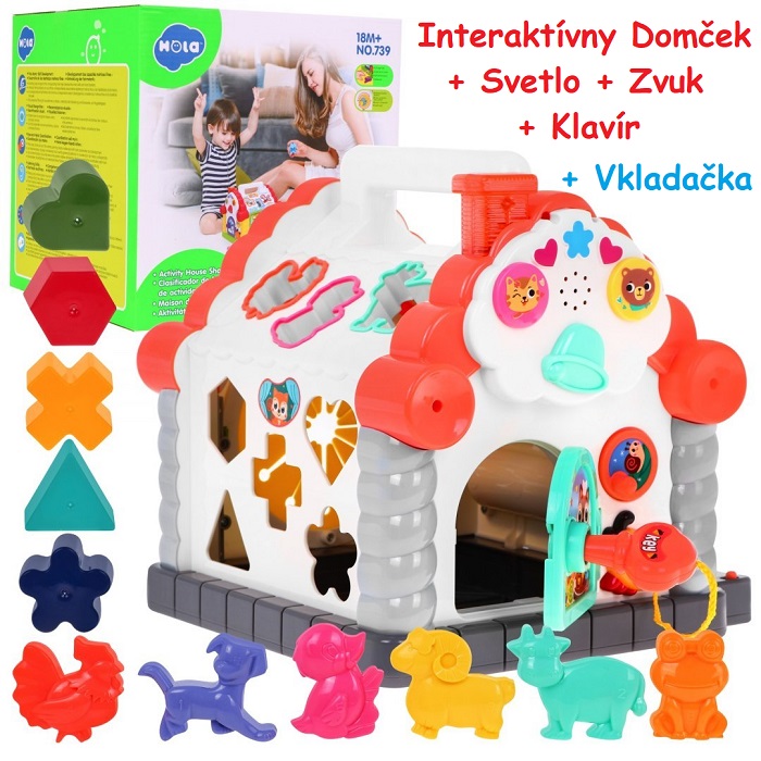 HOLA Toys Interaktívny domček s klavírom, zvukom a svetlom + vkladačka + dvere na kľúč, na batérie