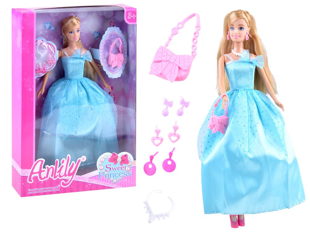 Anlily Bábika Princezná, plesové šaty, náušnice, modrá