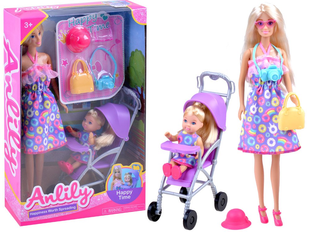 ANLILY Bábika Mamička s malou bábikou dcérou + kočík, ružová