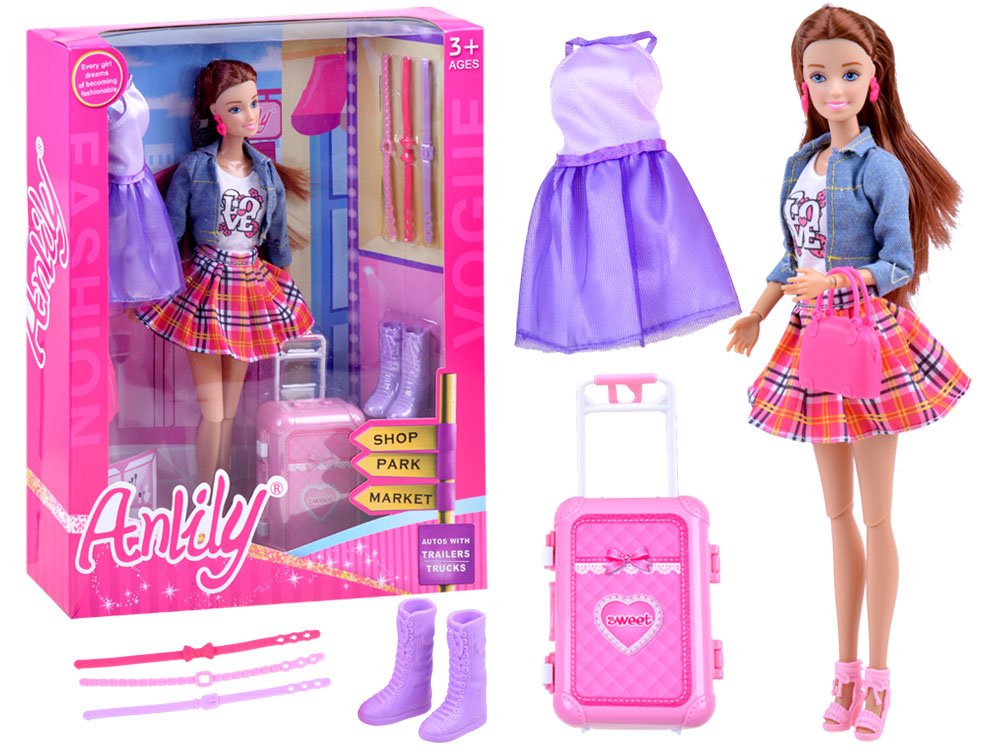 ANLILY Bábika s kufrom otváracím, Turistka, Cestovateľka, hnedovláska