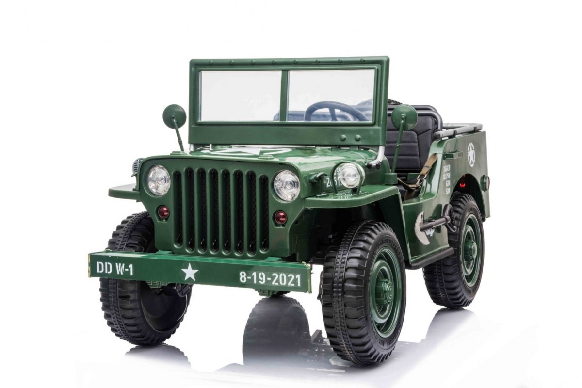 JOKO Elektrické autíčko Retro Vojenský Jeep 4x4, 3 miestny, 4x90W, 24V, kožené sedadlo, penové kolesá, nosnosť 60kg, zelené