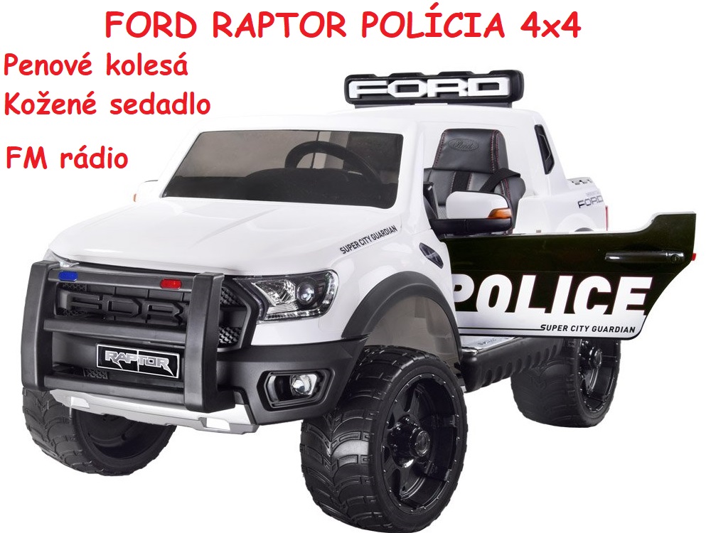 JOKO Elektrické autíčko FORD RAPTOR POLÍCIA 4x4, Policajné auto s megafónom, penové kolesá, kožené sedadlo, FM rádio, odpružené, biele