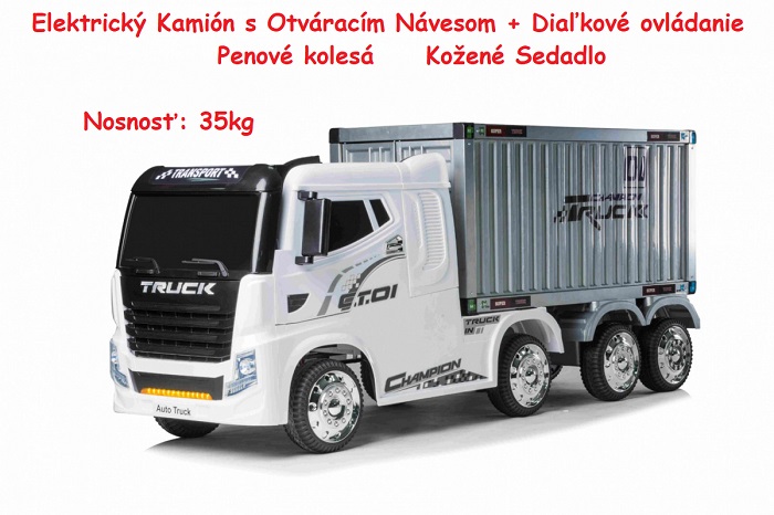 JOKO Elektrické autičko, Elektrický Kamión TRUCK s návesom, penové kolesá, kožené sedadlo, diaľkové ovládanie, biele