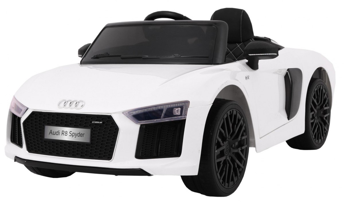JOKO Elektrické autíčko Audi R8 Spyder, kožené sedadlo, penové kolesá, FM rádio, odpružené, biele