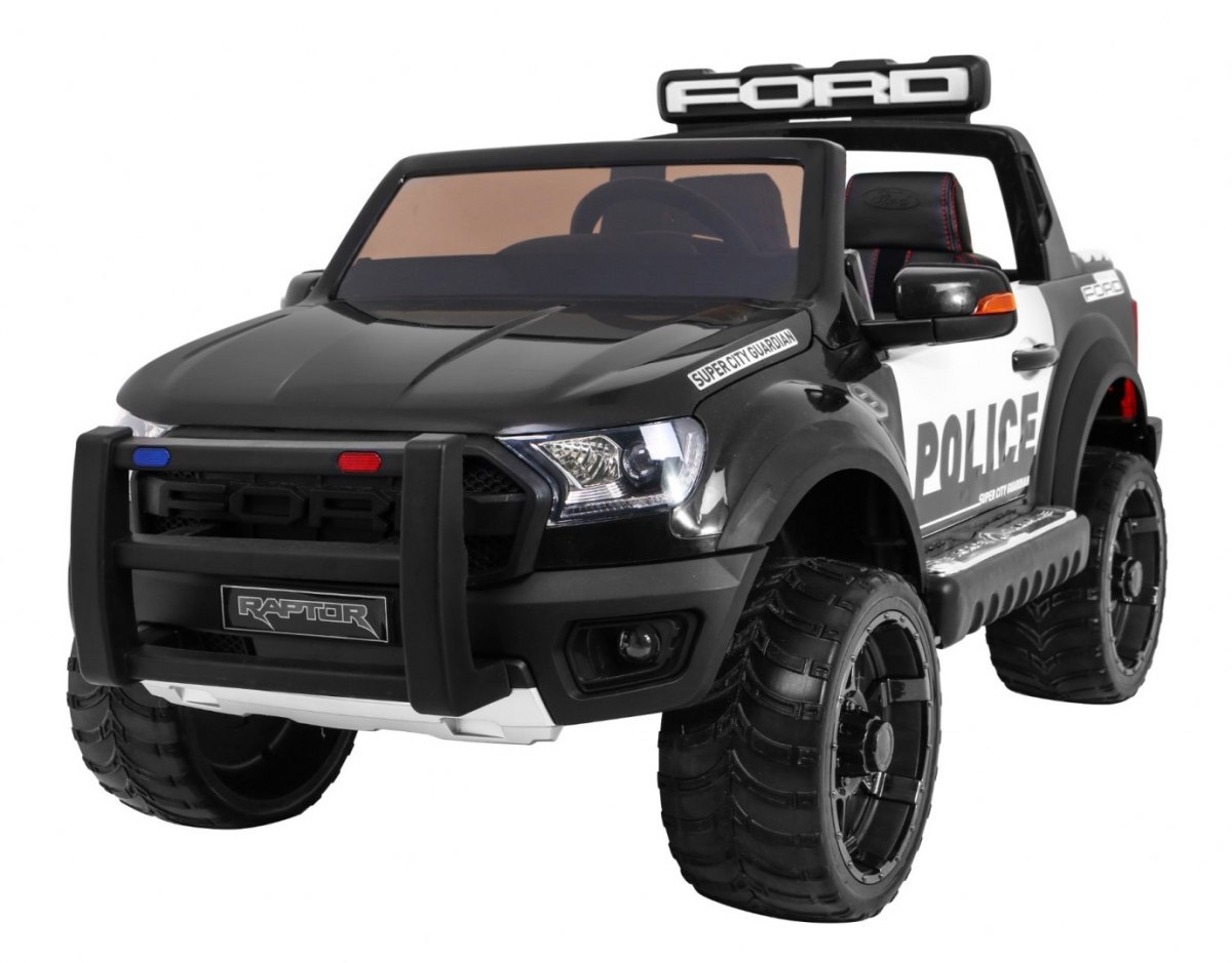 JOKO Elektrické autíčko Ford Ranger Raptor Polícia, penové kolesá, kožené sedadlo, FM rádio, policajné auto s megafónom, čierne