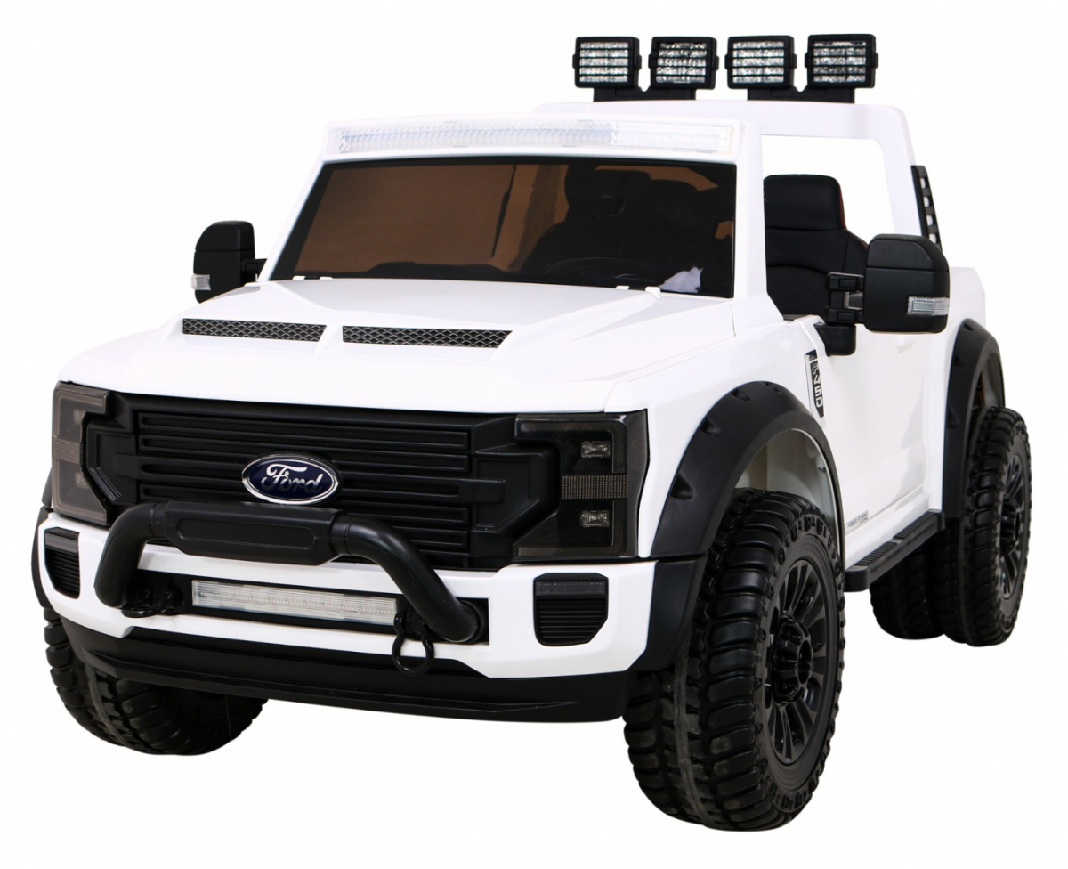 JOKO Elektrické autíčko FORD Super Duty s dymom, dvojité zadné kolesá, nosnosť 60kg, extra Led svetlá, penové kolesá, kožené sedadlo, biele