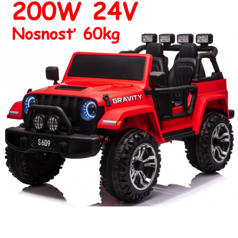 JOKO Elektrické autíčko Jeep Gravity 200W Off Road 24V, nosnosť 60kg, penové kolesá, kožené sedadlo + lopatka, červené