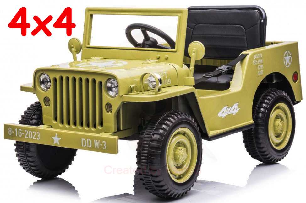 JOKO Elektrické autíčko Jeep Vojenský Retro Military 4x4, kožené sedadlo, penové kolesá, béžové