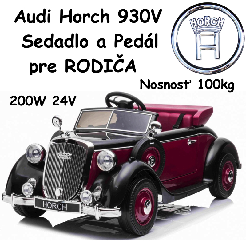 JOKO Elektrické autíčko Audi Horch 930V Retro 200W 24V, Nosnosť 100kg, Kožené sedadlo a pedál pre RODIČA, penové kolesá, červené