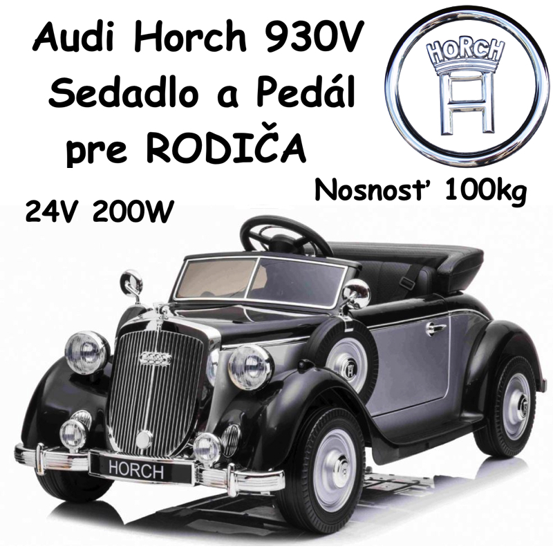 JOKO Elektrické autíčko Audi Horch 930V Retro 200W 24V, Nosnosť 100kg, Kožené sedadlo a pedál pre RODIČA, penové kolesá, čierne