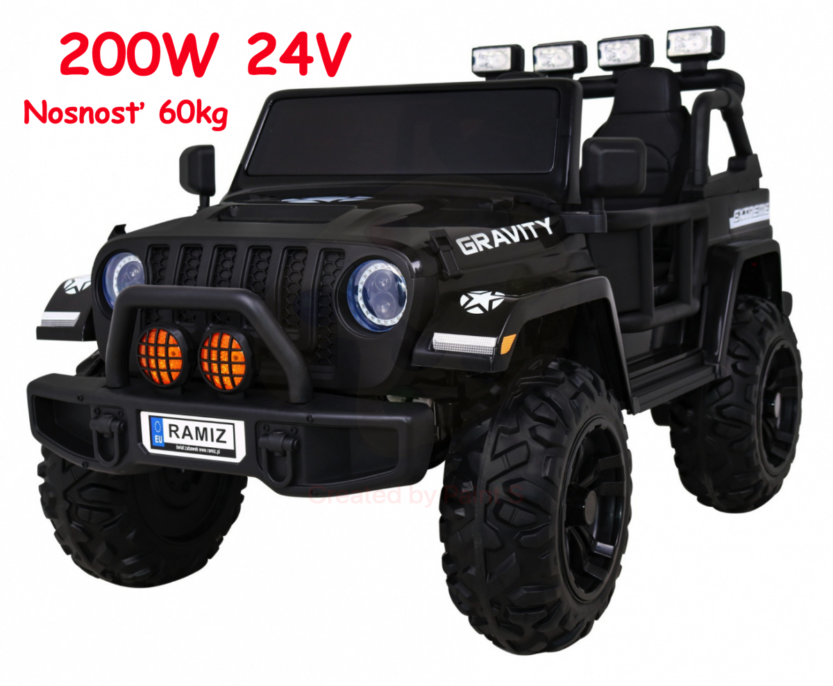 JOKO Elektrické autíčko Jeep Gravity 200W Off Road 24V, nosnosť 60kg, penové kolesá, kožené sedadlo + lopatka, čierne