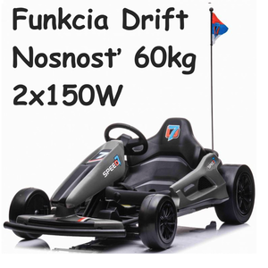 JOKO Elektrické autíčko, Elektrická Formula, Funkcia DRIFTU, 2 x 150W, 24V, Nosnosť 60kg, sivo-čierna
