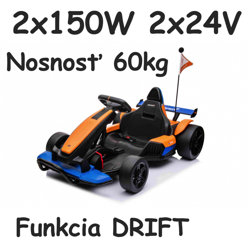 JOKO Elektrická Formula, motokára McLaren Drift, nosnosť 60kg, 2x150W, 24V, penové kolesá, oranžovo-modrá