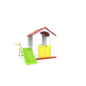 JOKO Detský Záhradný Plastový domček so šmýkačkou + basketbalový kôš 3v1, biely + červená strecha