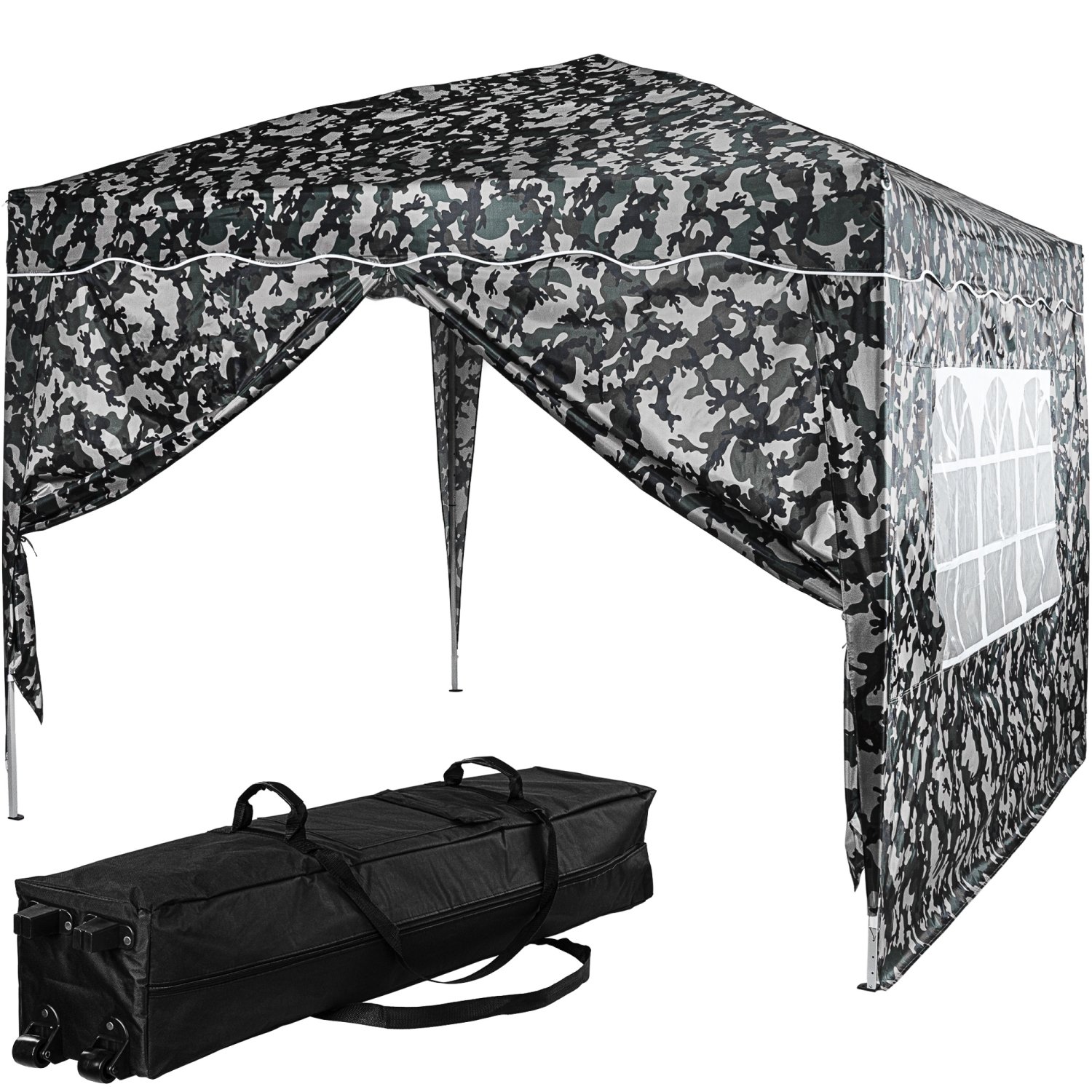 INSTENT Záhradný Skladací nožnicový Altánok 3x3m, vodeodolný + púzdro na kolieskach, UV 50+, kamufláž mesto + 1 stena s oknom + 1 stena s posuvným vchodom so zipsom