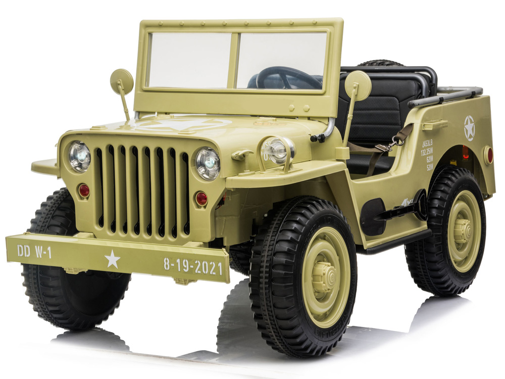 JOKO Elektrické autíčko Vojenský Jeep 4x4, trojmiestny, penové kolesá, kožené sedadlo + lopata, hnedý