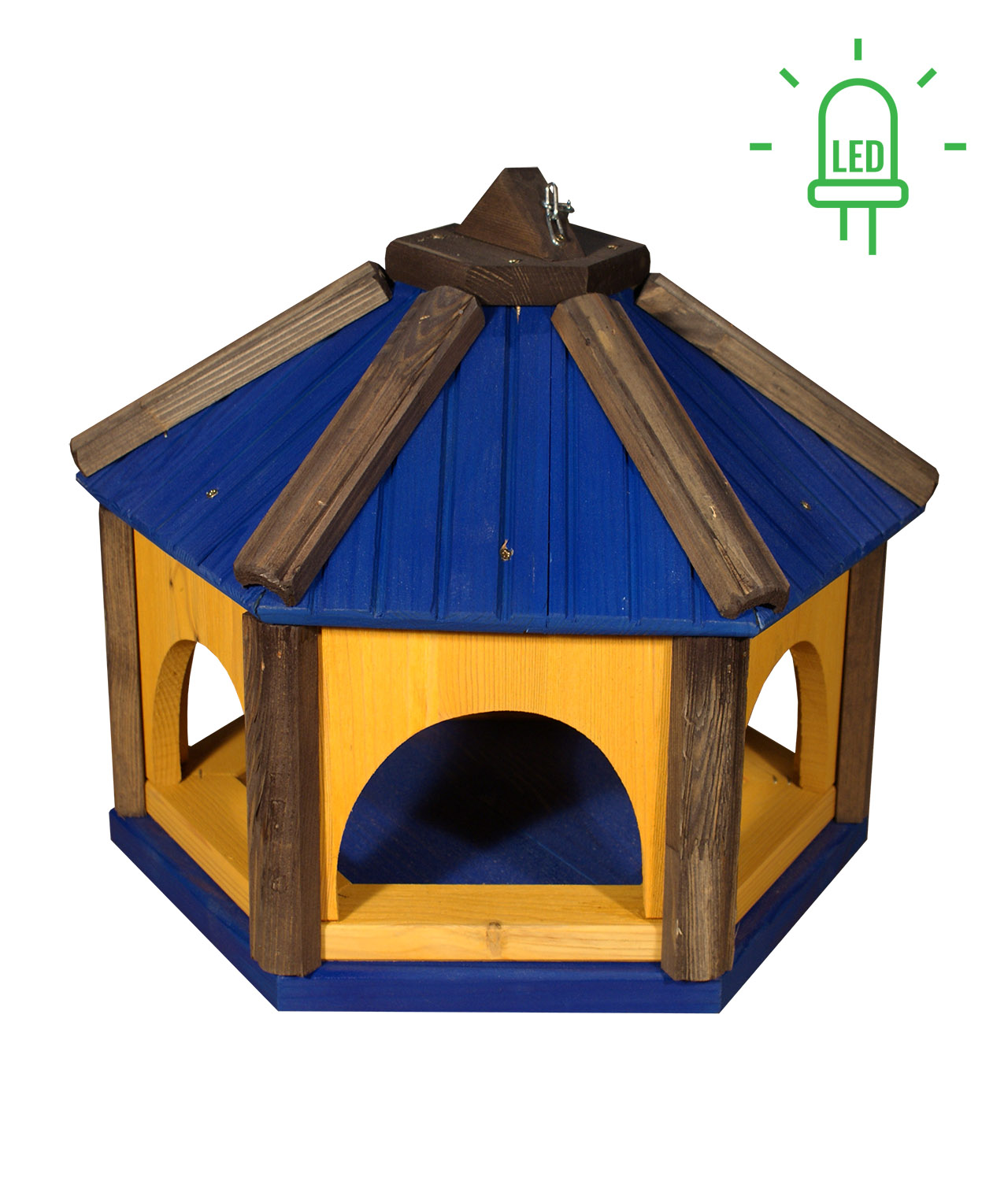 MKSTOR Drevené kŕmitko pre vtáky 45x40x35cm + Solárne Svetlo, vtáčia búdka, modrá