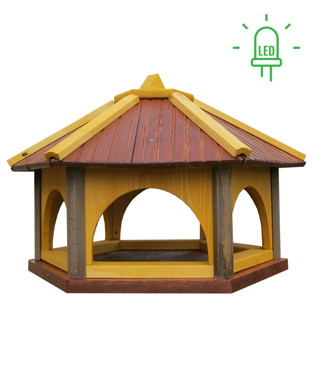 MKSTOR Drevené kŕmitko pre vtáky 60x47x42cm + SOLÁRNE Led Svetlo, vtáčia búdka, TIK