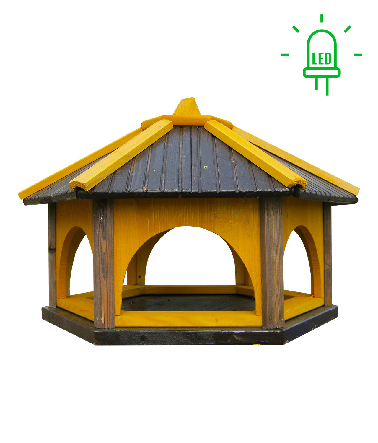 MKSTOR Drevené kŕmitko pre vtáky 60x47x42cm + SOLÁRNE Led Svetlo, vtáčia búdka, sivá