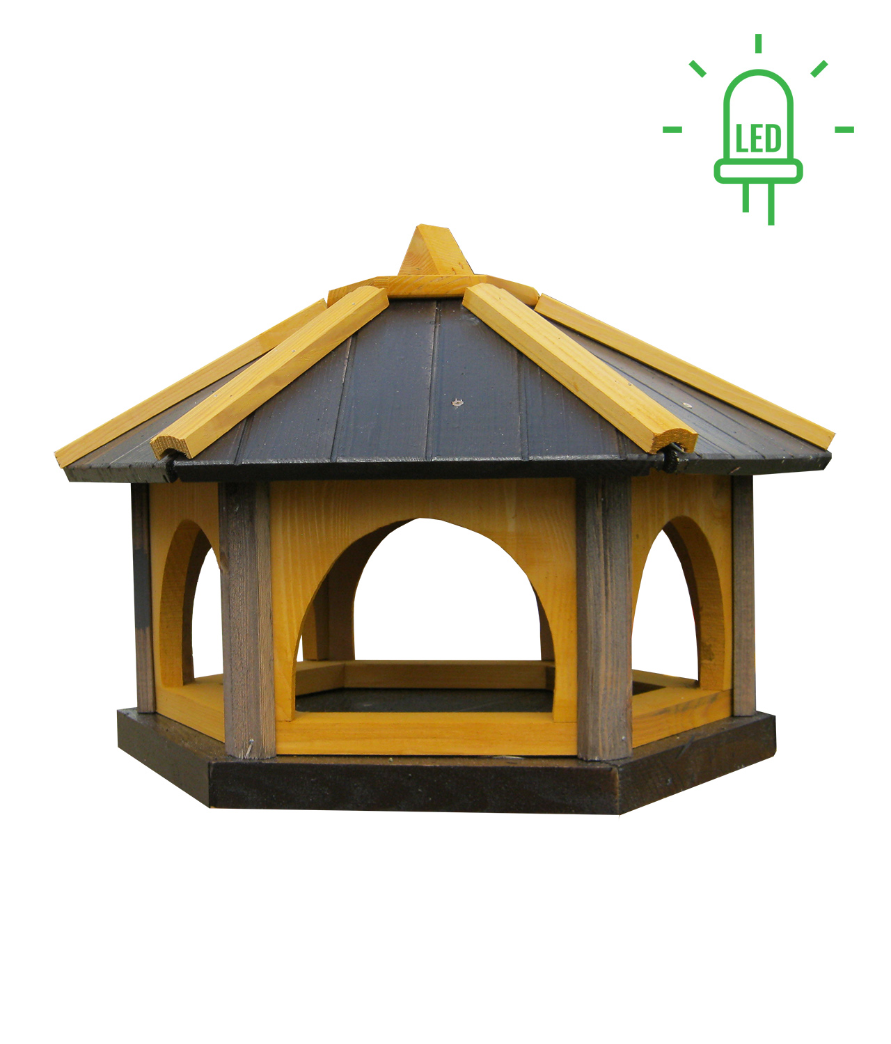 MKSTOR Drevené kŕmitko pre vtáky 50x45x40cm + SOLÁRNE Led Svetlo, vtáčia búdka,sivá