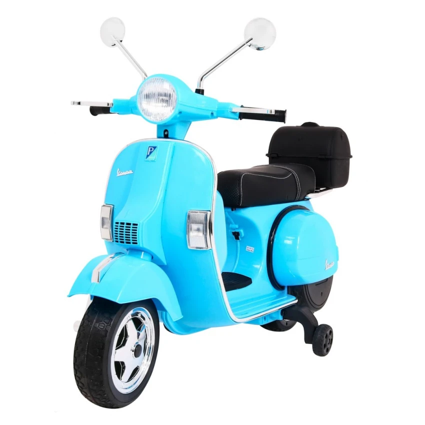 JOKO Elektrický skúter VESPA, penové kolesá, kožené sedadlo, modrý 