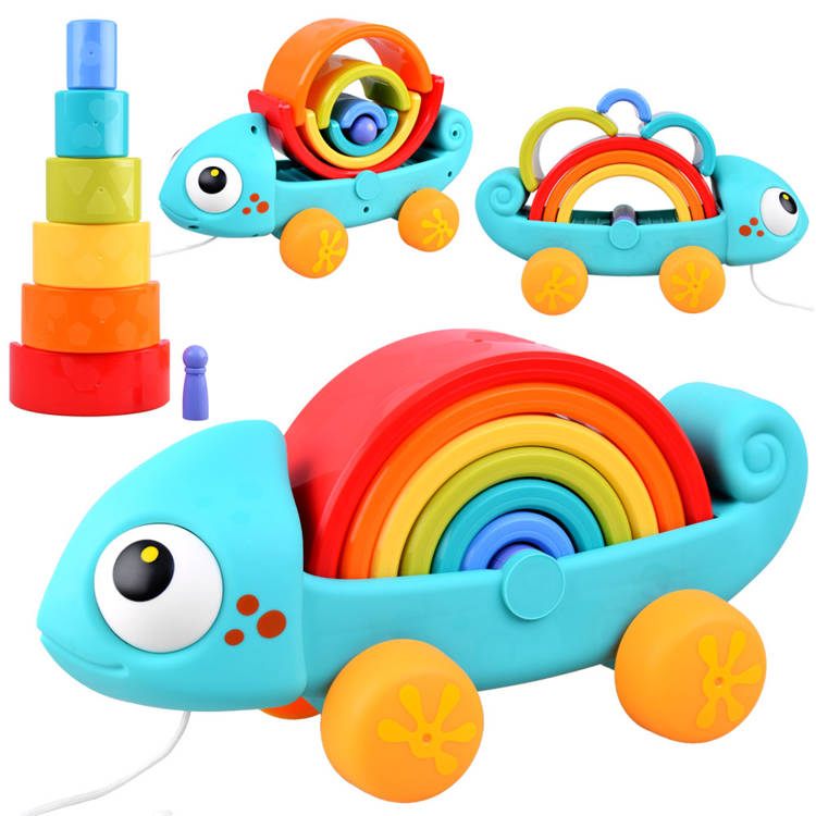 HOLA Toys Dúhový Chameleón na ťahanie, Puzzle montessori, dúhová veža, 18m+