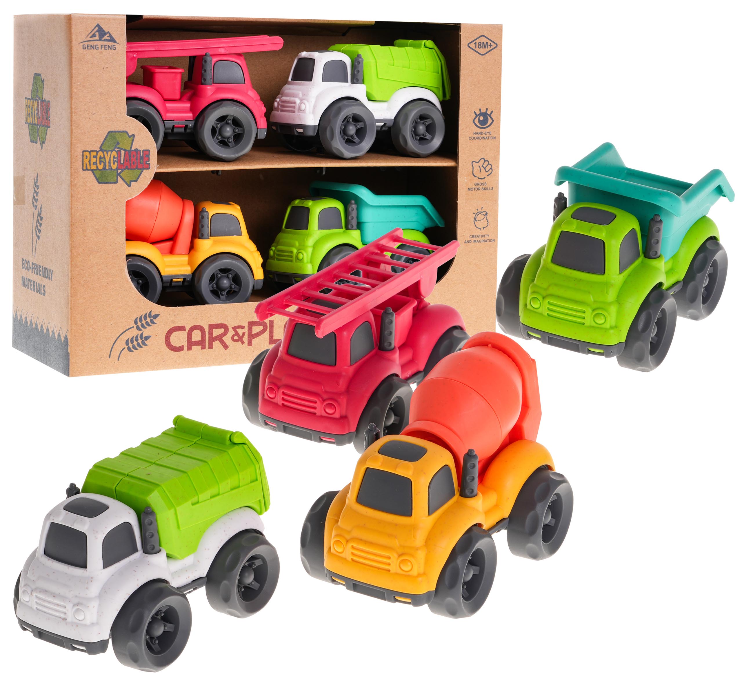 JOKO Sada Autíčka 4ks z BioPlastu, Hasičské auto, Miešač Betónu, Smetiarske auto, Nákladné auto