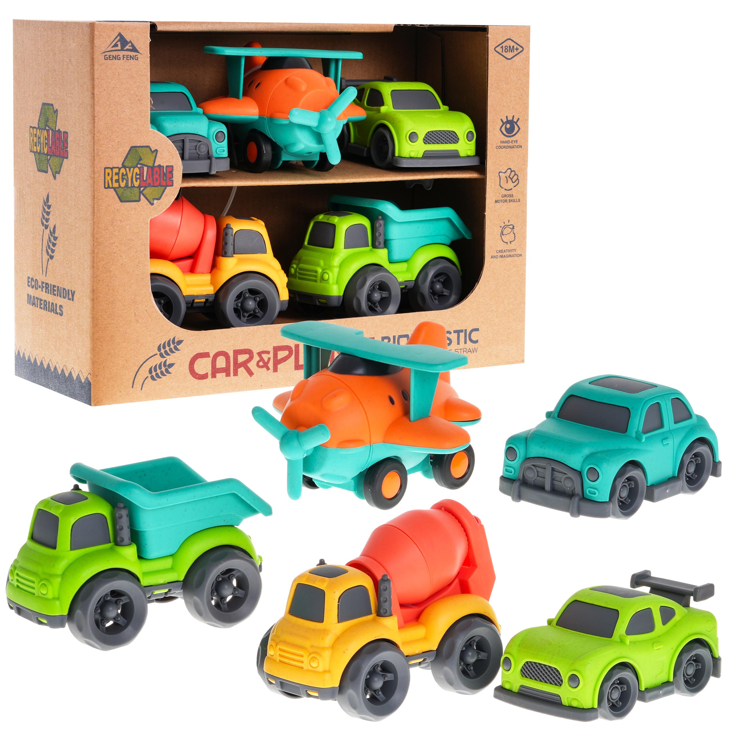 JOKO Sada Autíčka 4ks z BioPlastu, Osobné autá, Lietadlo, Nákladné auto- Ekologický Materiál