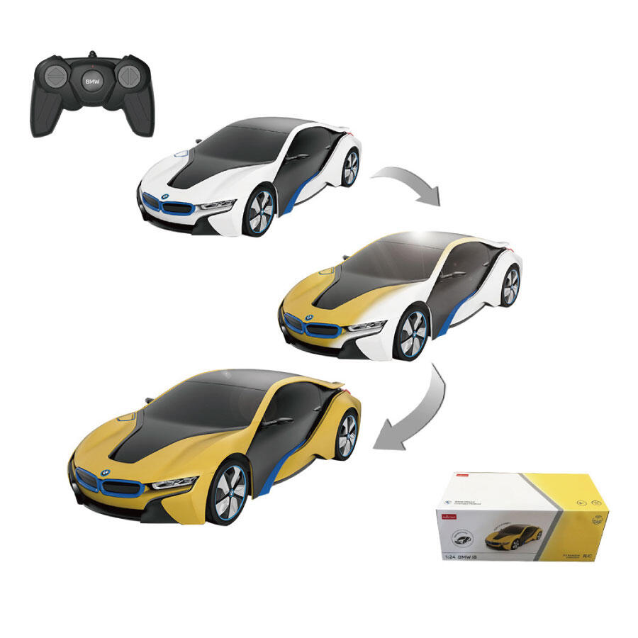 RASTAR RC Auto BMW I8-UV Sensitive Collection 1:24 na diaľkové ovládanie s LED svetlom + Meniaca farba kapoty, žlto-biele