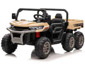 JOKO Elektrické autíčko Farmer Truck s Elektricky Vyklápacou Vlečkou, Dvojmiestne, Nosnosť 50kg, 6 kolesové, pohon 4x4 24V, penové kolesá, kožené sedadlo + Lopatka, hnedé