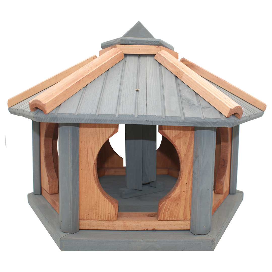 MKSTOR Drevené kŕmitko pre vtáky 50x46x35cm so Zásobníkom Jedla, vtáčia búdka, sivá