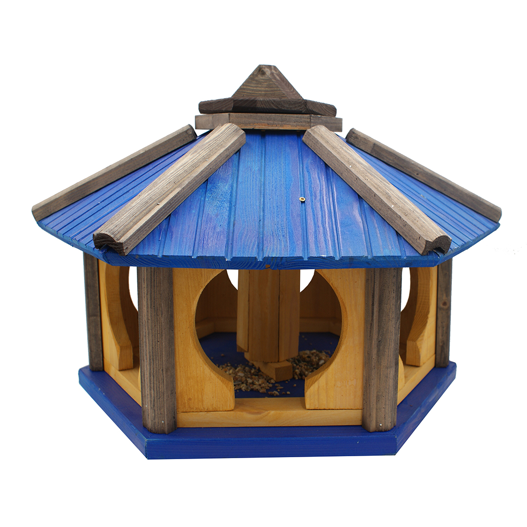 MKSTOR Drevené kŕmitko pre vtáky 50x46x35cm so Zásobníkom Jedla, vtáčia búdka, modrá