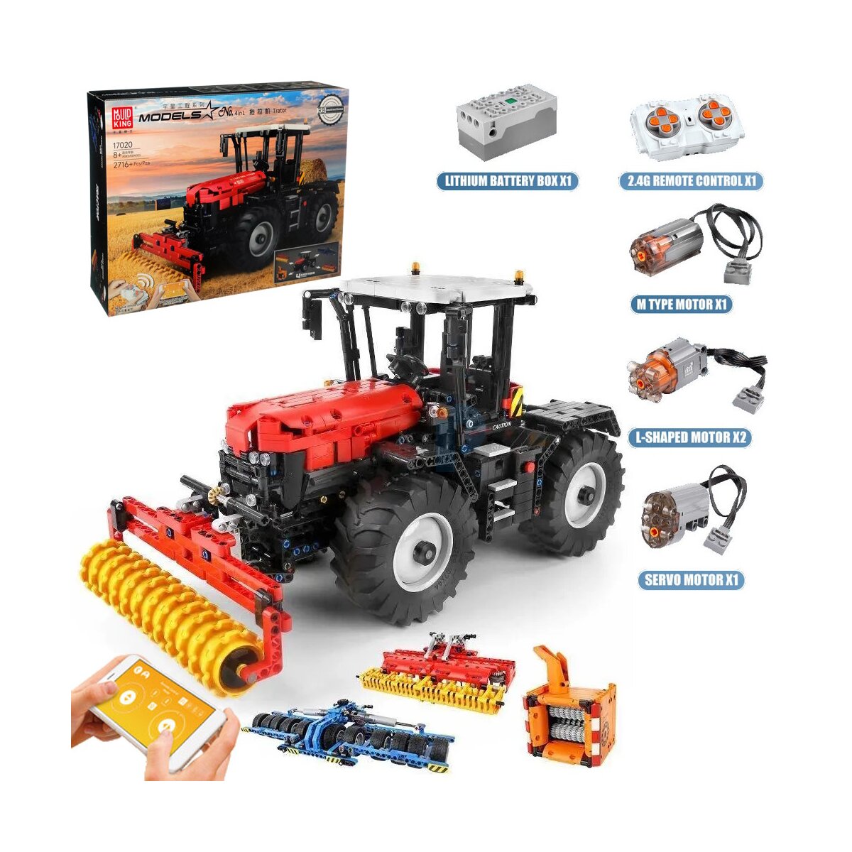 Mould King RC Technická Stavebnica Traktor 2716ks 4v1 + poľnohospodárske stroje na Diaľkové ovládanie Dual Mode Control