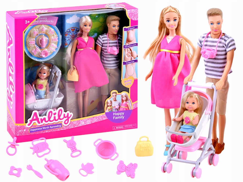 ANLILY Sada Rodinka Tehotná Bábika s Bábätkom v brušku + KEN + malá bábíika s Kočíkom