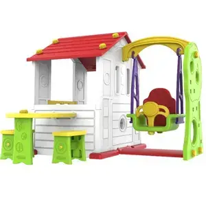 JOKO Detský Záhradný Plastový domček s Hojdačkou + stôl s lavičkami, biely s červenou strechou