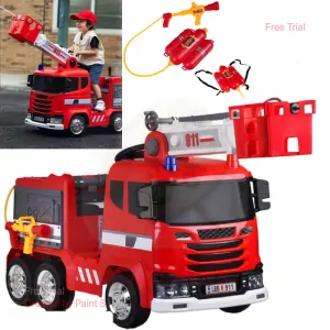 JOKO Elektrické autíčko Hasičské Auto so Striekajúcou vodou, Elektrické ovládanie rebríka + Elektrické striekanie vody, kožené sedadlo, penové kolesá, zvuk, svetlo, červené