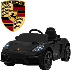 JOKO Elektrické autíčko Porsche 718, Displej MP4, Kožené sedadlo, penové kolesá, FM rádio, čierne